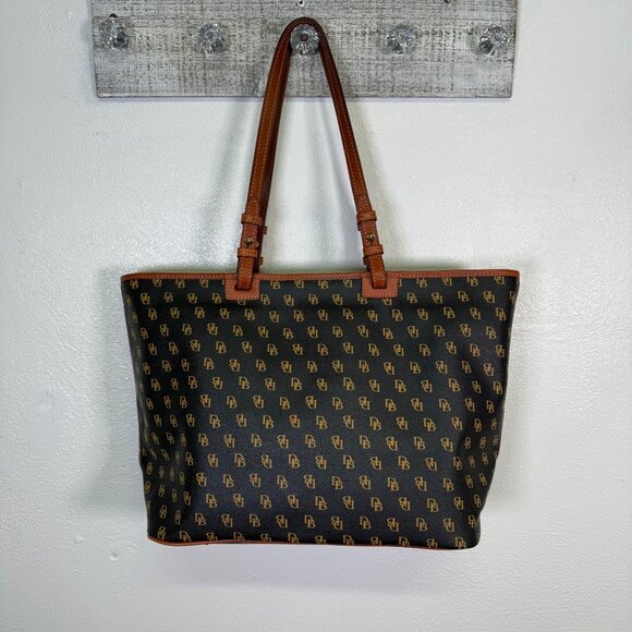 Dooney & Bourke Guetta Large Tote Bag Brown Tan Trim Leather DB Logo Monogram - Picture 2 of 15
